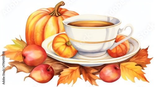 Autumn Harvest Teacup, Illustrate a teacup adorned with autumn harvest motifs like pumpkins, apples, and falling leaves, set on a saucer with rustic wooden accents