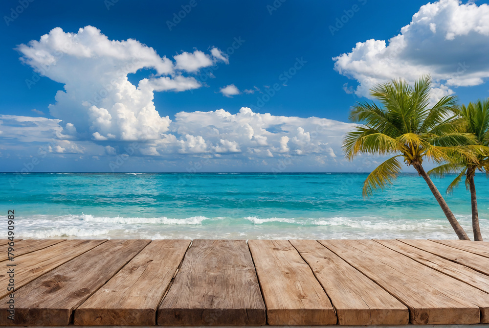 wooden stand stage on beach with trees and blue sky white clouds summer