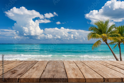 Fototapeta Naklejka Na Ścianę i Meble -  wooden stand stage on beach with trees and blue sky white clouds summer