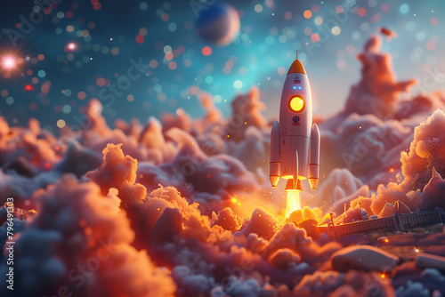 Cartoon rocket in space in the clouds at sunset, spaceship, 3d, illustration