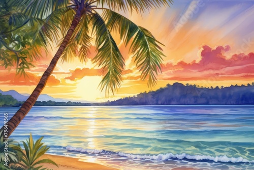 Tropical Island Paradise, Paint a scene of a secluded tropical island bathed in the warm glow of the setting sun, with palm fringed beaches
