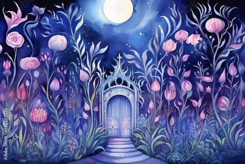 Mystical Moon Garden  Create a mystical garden scene bathed in the light of the moon  with exotic flowers and plants illuminated by the moons glow