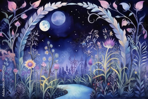 Mystical Moon Garden, Create a mystical garden scene bathed in the light of the moon, with exotic flowers and plants illuminated by the moons glow