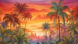 Tropical Jungle Sunset, Paint a lush tropical jungle scene with towering palm trees, dense foliage, and exotic wildlife, set against a backdrop of a fiery sunset sky