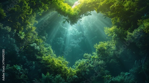 A vibrant green forest scene with rays of sunlight shining through the trees. This image represents the heart chakra symbolizing love compassion and connection to nature.