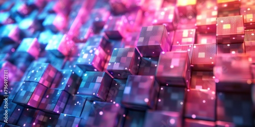 A colorful image of many cubes with a blue and pink background