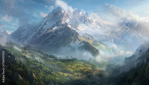 A rugged mountain range looms on the horizon  its peaks dusted with snow and shrouded in mist  offering a majestic backdrop to the verdant valley below  art concept