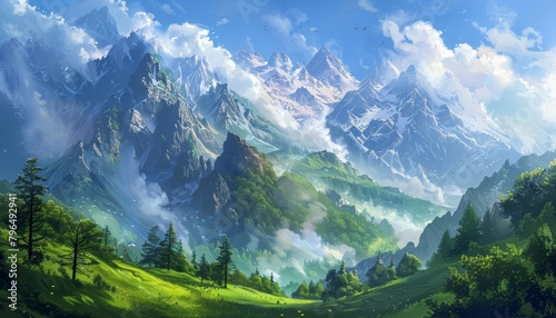 A rugged mountain range looms on the horizon, its peaks dusted with snow and shrouded in mist, offering a majestic backdrop to the verdant valley below, art concept