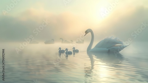 A serene swan glides gracefully across a misty lake at dawn, tiny cygnets in tow, each mimicking their mothers elegant moves, cartoon concept photo