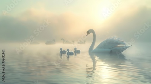 Fototapeta Naklejka Na Ścianę i Meble -  A serene swan glides gracefully across a misty lake at dawn, tiny cygnets in tow, each mimicking their mothers elegant moves, cartoon concept