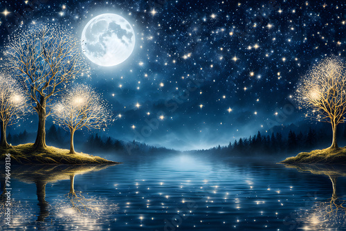 A white tree of life in a mystical, fantastical, abstract blue night sky, adorned with glowing golden fireflies
