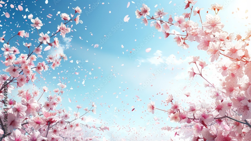 Ethereal Spring: Illustration of Cherry Blossom Petals Falling on Blue Sky - Tranquil and Serene