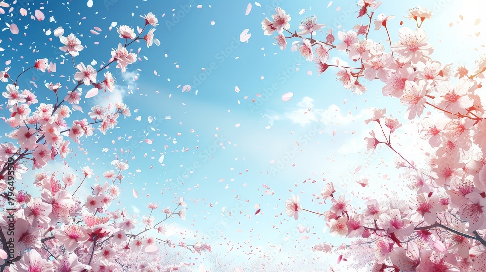 Ethereal Spring: Illustration of Cherry Blossom Petals Falling on Blue Sky - Tranquil and Serene Ethereal Spring: Illustration of Cherry Blossom Petals Falling on Blue Sky - Tranquil and Serene