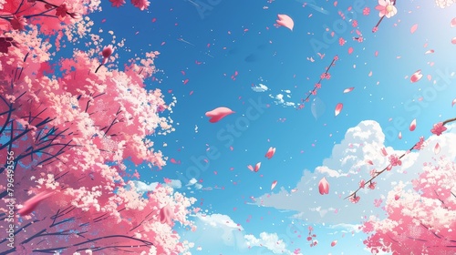 Romantic Atmosphere  Cherry Blossom Petals Falling in Illustration of Blue Sky - Serene and Peaceful