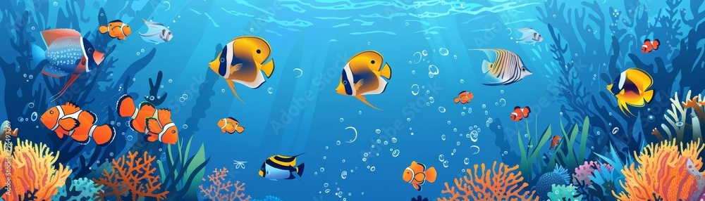 Naklejka premium Aquatic organisms such as fish and plankton are essential components of marine ecosystems, contributing to biodiversity and nutrient cycling, science concept