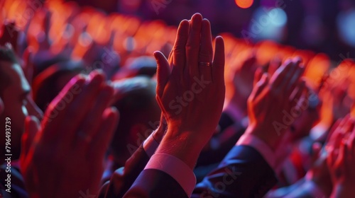 A crowd of people are clapping and holding hands in a red room