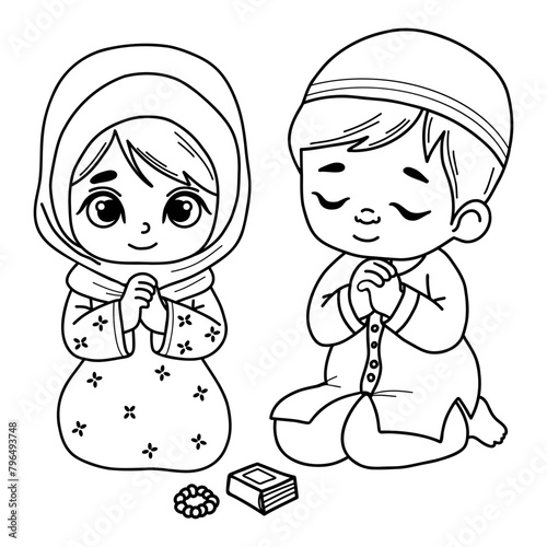 Cute traditional praying Islamic children. Religious ethnic believer little girl and boy character on his knees with folded hands in prayer. Vector illustration. Isolated outline hand drawings