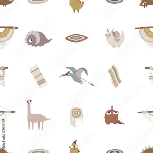 Dragons, dinosaurs, carpets. Boho concept. Seamless pattern for print. Vector illustration in flat modern style.