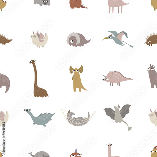 Cute dragons and dinosaurs. Seamless pattern. Template for print, textile, paper. Vector illustration in flat style.