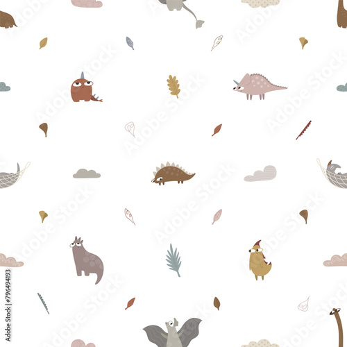 Dragons, dinosaurs, leaves, foliage, plants, boho concept. Seamless pattern for print. Vector illustration in flat modern style.