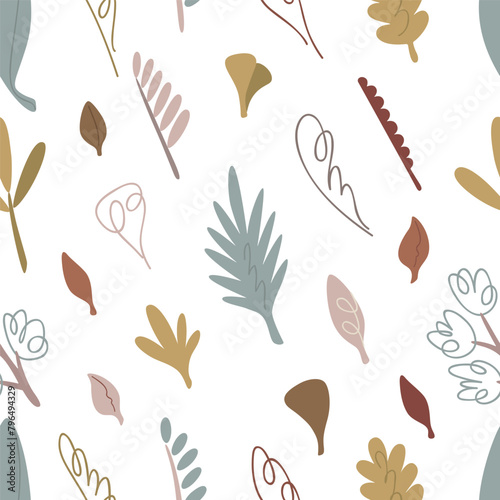 Leaves, foliage, plants, boho concept. Seamless pattern for print. Vector illustration in flat modern style.