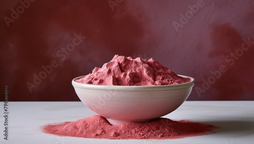 A white bowl is sitting on a white table against a dark red background. The bowl is filled with a pile of Acerola Cherry Extract bright pink powder.