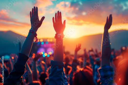 A happy crowd at an outdoor concert at sunset photo