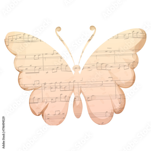 Butterfly silhouette papercut from parchment with music vintage decoration scrapbook element isolated on white background.