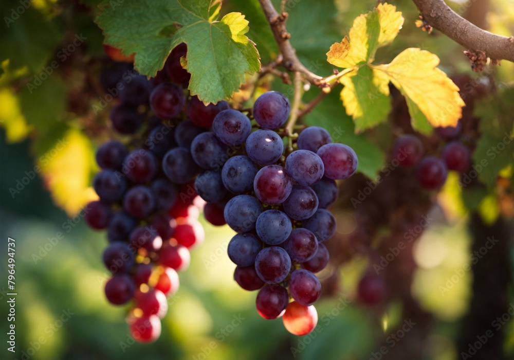 Vineyards at sunset in autumn harvest. Ripe grapes in fall.