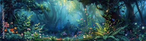 Ferns and wildflowers carpet the ground beneath the forests leafy dome, creating a soft, vibrant underbrush that whispers with life, kawaii, bright water color