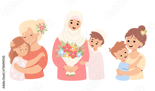 Cute family set. Happy blonde with daughter, Muslim woman in hijab with bouquet flowers and mother with smiling son. Vector illustration. Characters diverse cultures and religions