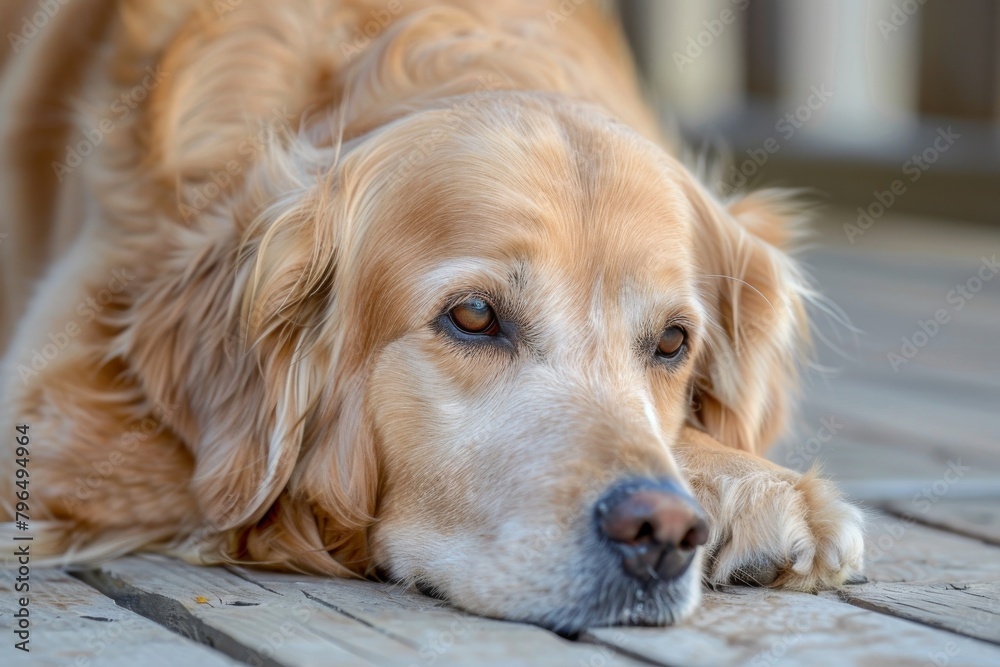 A Golden Retriever lies down, resting its head on its paws, giving a thoughtful or sad gaze, on an outdoor wooden deck area A Golden Retriever lies down, resting its head on its paws, giving a thoughtful or sad gaze, on an outdoor wooden deck area