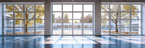 Classroom Windows with School Yard View on White Background - Academic Environment for Learning and Education