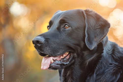 A close-up image of a black Labrador Retriever looking to the side with its pink tongue hanging out, capturing a joyful moment