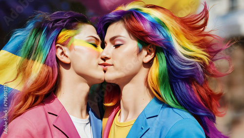 Gay pride. Party, love, people celebrating and kissing. Lgbtqia +, happiness, courage, colors, rainbow. Homosexual kiss, modern times, smiles, transphobia, homophobia.