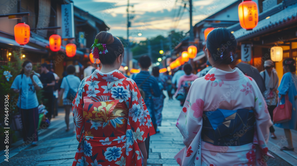 Fototapeta premium Aoi Matsuri Festival in the afternoon, the twilight atmosphere gives a soft light to the festival participants walking on the cobbled streets, Ai generated Images