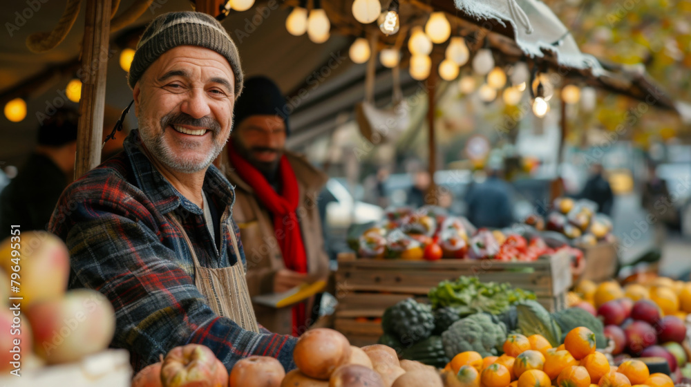 Fototapeta premium Farmers market vendors offering fresh eco-frendly vegetables and fruits