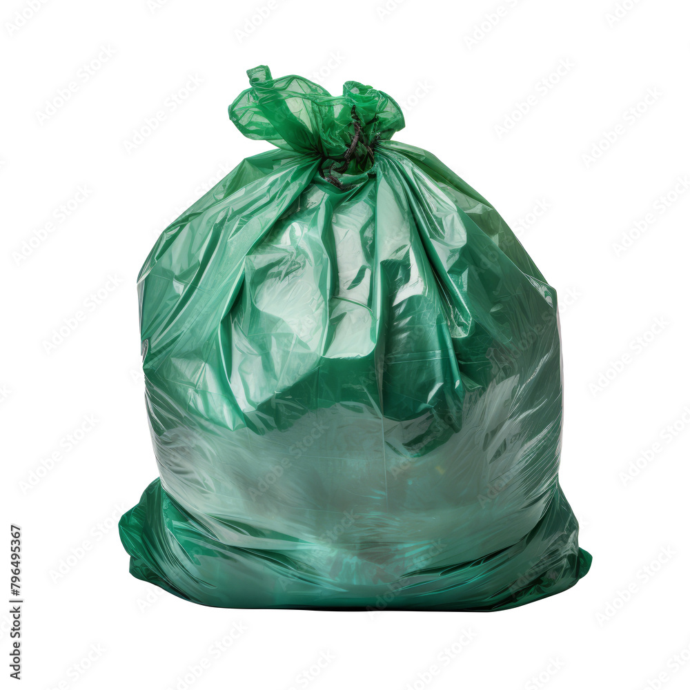 Trash, green garbage bag full, on white background clipping path Trash, green garbage bag full, on white background clipping path