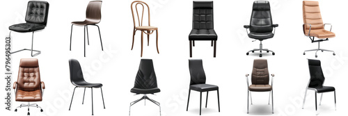 Set of 12 images of chair isolated with transparent background. office furniture collage. 