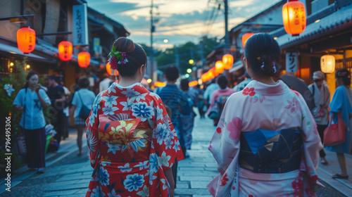 Aoi Matsuri Festival in the afternoon, the twilight atmosphere gives a soft light to the festival participants walking on the cobbled streets, Ai generated Images photo