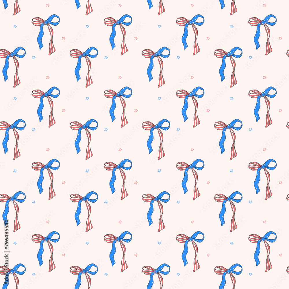 Coquette 4th of July ribbon bow seamless pattern retro trendy drawing repeating isolate on cream background Coquette 4th of July ribbon bow seamless pattern retro trendy drawing repeating isolate on cream background