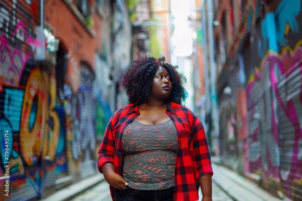 A confident African American woman in stylish attire posing with vibrant graffiti walls in an urban setting