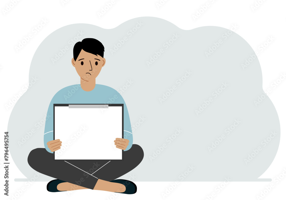 A man sits crossing his legs and holds a clipboard with a white read sheet for the text in his hands. Vector Flat Illustration A man sits crossing his legs and holds a clipboard with a white read sheet for the text in his hands. Vector Flat Illustration