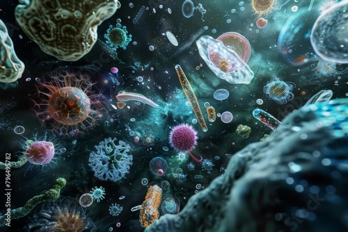 Organisms range from simple singlecelled bacteria to complex multicellular humans, each adapted to survive in diverse environments, science concept photo