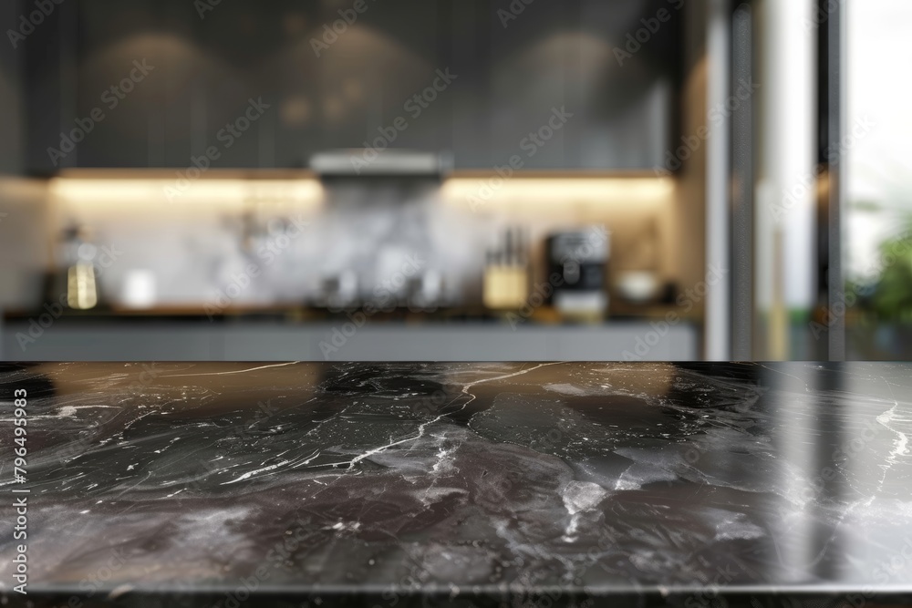 Fototapeta premium Modern dark marble table top on blurry kitchen for product display, digital ai art