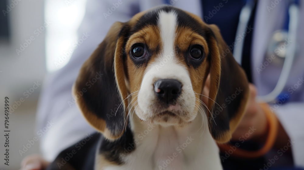 Female veterinarian examining Beagle puppy