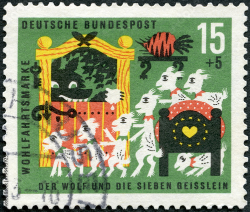 GERMANY - 1963: shows Scene from fairy tale The Wolf and the Seven Kids, Grimm Brothers, 1963