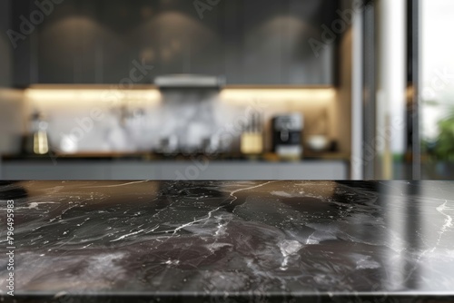 Modern dark marble table top on blurry kitchen for product display, digital ai art