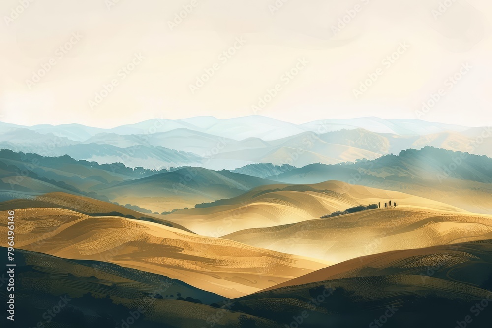 Rolling hills stretch far into the distance, their contours softened by a haze of golden sunlight, painting a picture of tranquil beauty, art concept