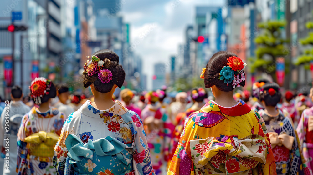 Sanno Matsuri Festival in Tokyo, Japan, with the backdrop of a modern metropolitan city, the festival procession is characterized by participants wearing traditional kimonos with striking colors.